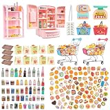 180 Pcs Dollhouse Miniature Kitchen Accessories Shopping Cart Basket Mini Food Drinks Dollhouse Store Grocery Supermarket Metal Handcart Party Model Shelves Cash Register Refrigerator