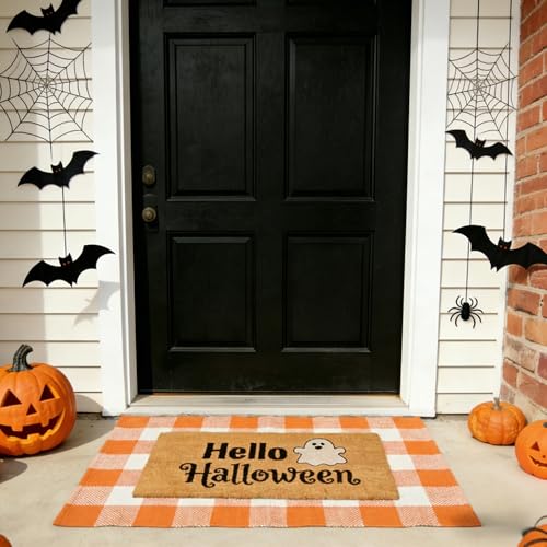 SKYPEA 2 Pcs Halloween Coir Doormat for Home 27.5 x 43 Inches with Orange & White Buffalo Plaid Rug, Layered Non Slip Welcome Mats for Halloween Party, Patio & Indoor Outdoor Decor - image 4