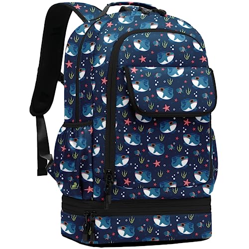 Image of Leaper Water-resistant Cute Shark Laptop Backpack Double Deck Lunch Bag Satchel Dark Blue
