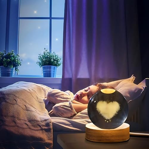 Image of 3D Crystal Ball Night Light with Wooden Base, Aesthetic Clear LED Lamp for Home and Bedroom Touch Switch, Warm Light for Kids and Teens Perfect Birthday & Anniversary (Heart Lamp)