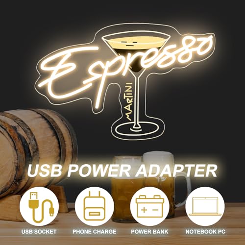 Image of Espresso Martini Neon Sign, Cocktail Club Tini Time LED Light | Martini Lover Gift USB Powered Dimmable Retro Espresso Neon Light, Retro Alcohol Gift, Bar Pub Home Decor 16.5 inchx11.6 inch