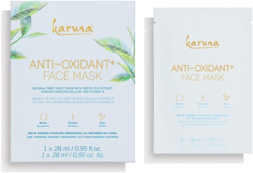 Karuna Anti-Oxidant+ Sheet Masks for Revitalized Skin, Moisturizing & Hydrating Face Masks Skincare Essential, Sheet Mask with Green Tea, Licorice & Chrysanthellum, 1-Pack