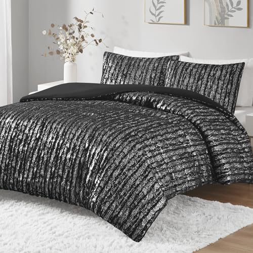 Intelligent Design Full Duvet Cover Set, Faux Fur Duvet Cover Set, Trendy Metallic Duvet Covers, All Season Soft Microfiber Bedding Cover, Matching Sham, Naomi, Full/Queen, Black/Silver 3 Piece