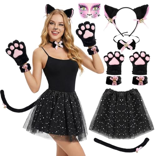 HarnyLoom Disfraz de Gato para Mujer, Disfraz de Gato Adulto - Diadema con Orejas de Gato, Cola de Gato, Pata de Gato, Guantes, Corbata, Falda Tutú, Disfraz de Gato para Carnaval y Halloween (Negro)