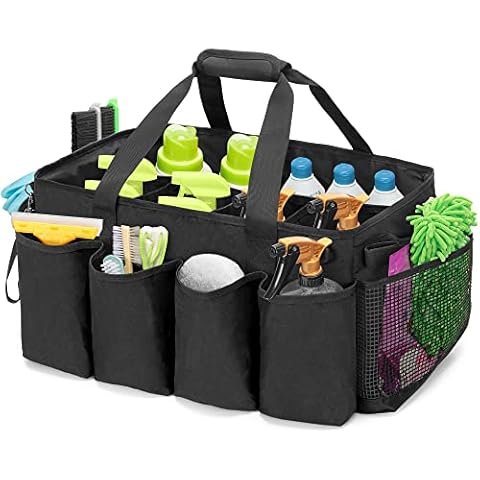 HODRANT Extra-Large Cleaning Caddy, Cleaning Supplies Organizer with Handles for Cleaning Tools Products Storage, Large Capacity Cleaning Tote Bag for Car, Home & Housekeeping Work, Black Cover