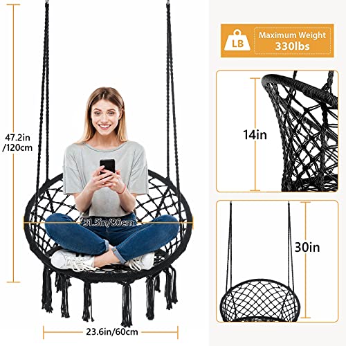 Image of Garpans Hanging Swing Chair Bohemian Style Macrame Swing Chair with Tassels, Hammock Swing Chair Handmade Knitted Cotton Rope for Indoor Outdoor Bedroom Patio Max 330 Lbs,Black