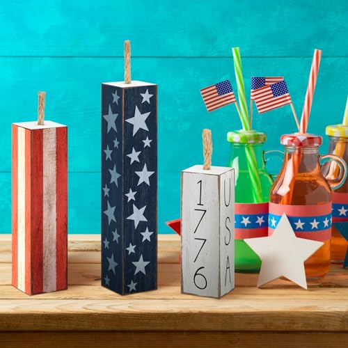Image of Amyhill 3 Pcs 4th of July Decorations Set Wooden Patriotic Table Centerpieces Independence Day Wood Firework Fourth of July Table Signs for 250th Anniversary Home Farmhouse Decor (Classic Style)