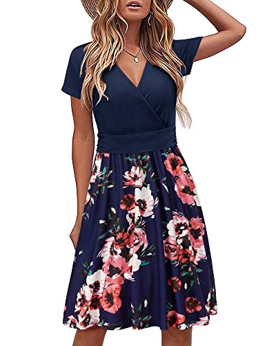 STYLEWORD Damen Sommerkleid Kurzarm V-Ausschnitt Kleider Blumenmuster Kleid Strandkleid Mit Taschen(floral01,X-Groß)