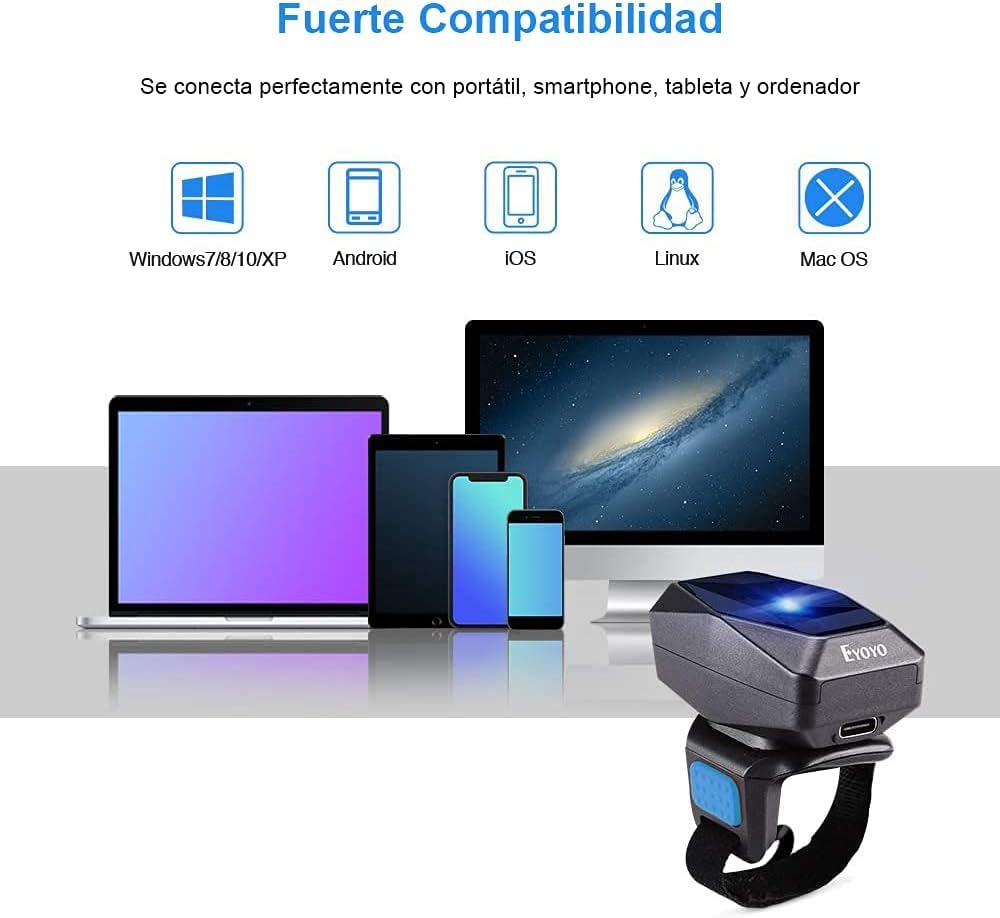 Eyoyo 1D Scanner di codici a barre Bluetooth, 2,4 G wireless, Mini lettore ad anello con cavo USB per iOS Android, per Magazzino Supermercato Libreria...