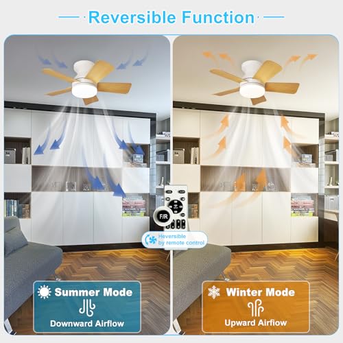 Image of Depuley Modern Ceiling Fan with Light: 25-Inch White Small Fans for Bedroom Indoor Outdoor - Dimmable Low Profile Ceiling Fans with Remote Control Flush Mount 5 Reversible Wood Blades 6 Speeds Timer