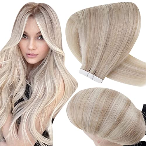Hetto Tape in Hair Extensions Human Hair Blonde #18 Ash Blonde Highlight with #613 Platinum Blonde Real Hair Extensions Tape on 20 Inch 20Pcs 50g Invisible Tape Hair Extensions