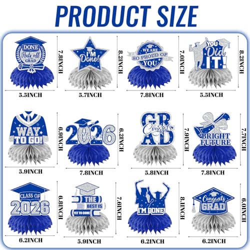 Image of 12pcs Graduation Table Decorations 2026,Silver and Blue Graduation Decorations 2026 Graduation Centerpieces for Tables,Class of 2026 Centerpieces Honeycomb for Congrats Grad Table Decor