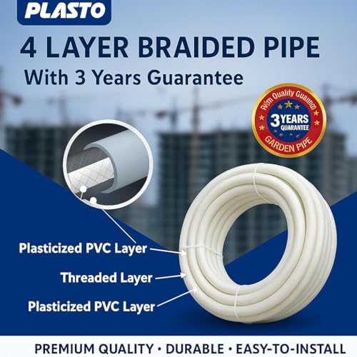 Image of Plasto 4-Layer Braided Garden Hose Pipe | 1 1 /4 Inches, 30M | UV Stabilized, Heavy-Duty Flexible Water Pipe | 3-Year Warranty | Leak-Proof Outdoor Hose for Home, Lawn & Agriculture | 32MM |100 ft