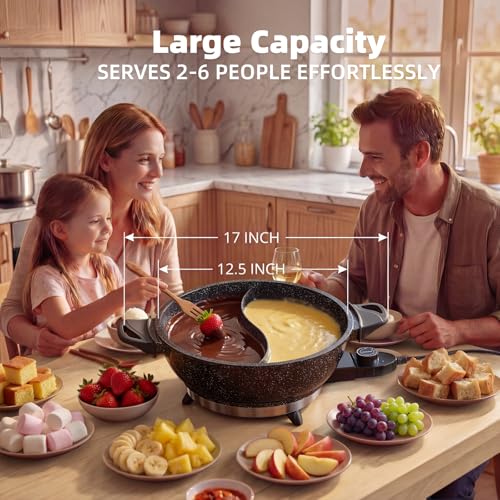 Image of TWIN Electric Hot Pot with Divider | EvenHeat Cast Aluminum Non-Stick Pot for No-Spot Cooking | 1500W Fast Heating | Dual-Flavor Shabu Shabu Pot for | 1-Yr Warranty | Granite Black