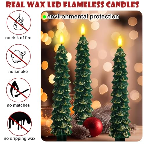 Image of Funtery 6 Pcs LED Christmas Tree Flameless Taper Candles Real Wax Battery Operated Candlestick Lights with 3D Flame and Remote Timer Window Fireplace(Gold Edge,Christmas Tree)