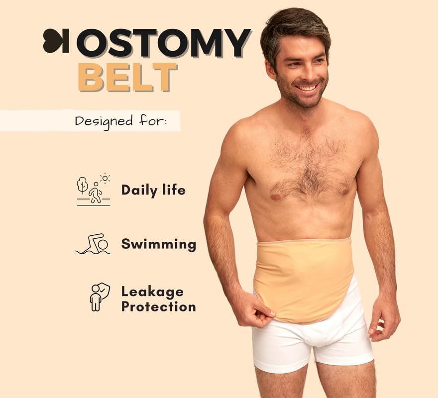 Ostomy belt for Men & Women, Beige These Ostomy bag covers Acts as Colostomy Belt, Ileostomy Belt as this Stoma Support belt is compatible W/Colostomy bags, Ileostomy bags. Made in Europe