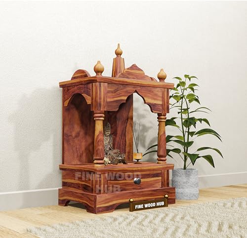 Image of Solid Sheesham Wood Wooden Mandir for Pooja Home Decoration Wall Mounten Beautiful Temple (Hight 75 X 42 X 28 CM)