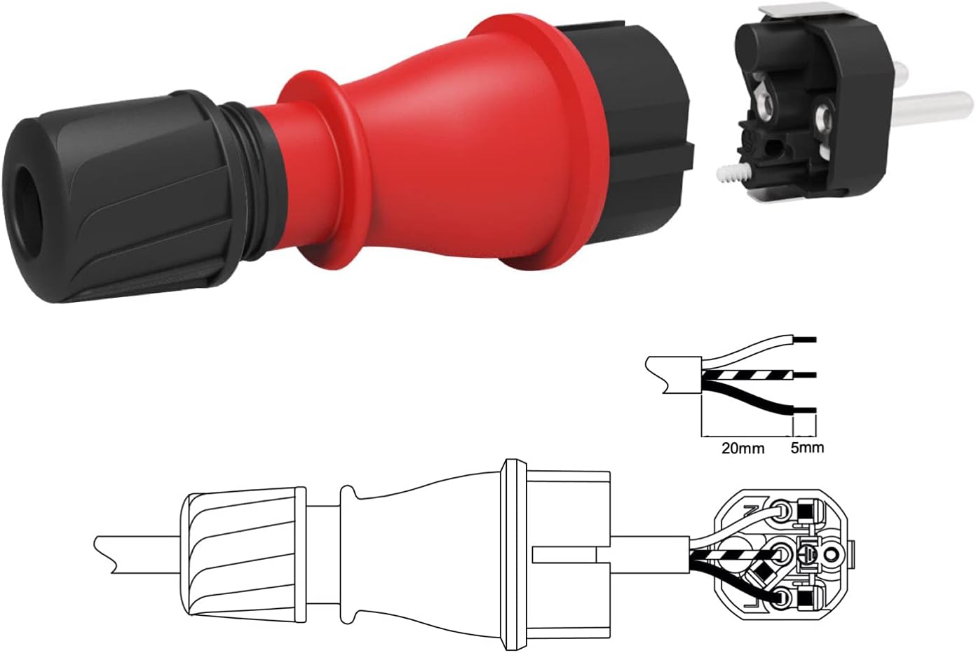 Exploded view and basic wiring diagram for the Electraline Schuko plug