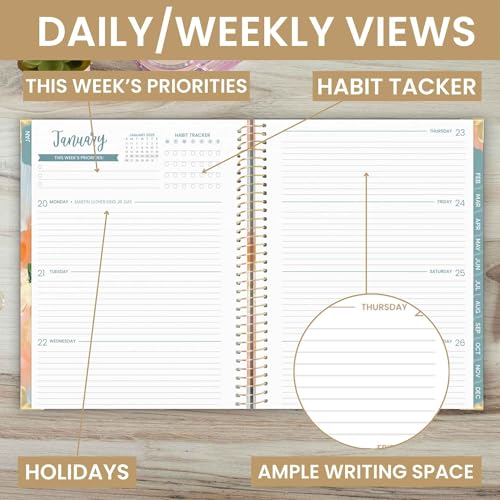 Image of bloom daily planners HARDCOVER 2025 (8.5 inch x 11 inch) Calendar Year Day Planner (January 2025 - December 2025) - Passion /Goal Organizer - Monthly & Weekly Inspirational Agenda Book - Painted Peonies