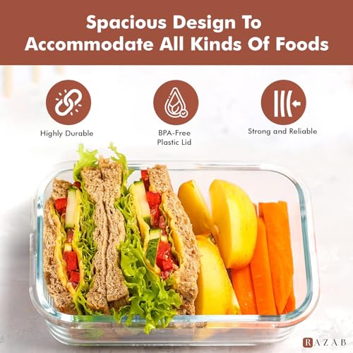 Image of Razab 35 Pc Set Glass Food Storage Containers with Lids - Meal Prep Airtight Bento Boxes BPA-Free 100% Leak Proof (15 lids,15 glass & 5 Plastic Sauce /Dip Containers)