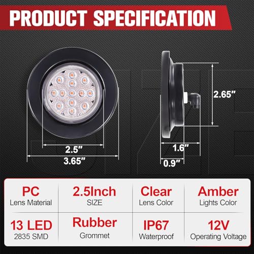 Image of 2.5 Inch 13 LED Side Marker Lights (Clear Len Amber Color) | Rubber Rings