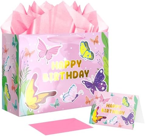 Jaywayang 12.6" Large Pink Butterfly Happy Birthday Gift Bag with...