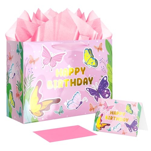 Jaywayang 12.6" Large Pink Butterfly Happy Birthday Gift Bag with...