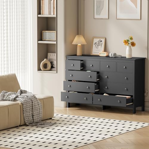 wanan Black 10 Drawer Dresser, 55" Modern Wooden Dressers Chests of Drawer, 10 Drawers Wide Dresser for Bedroom - Thumbnail 6