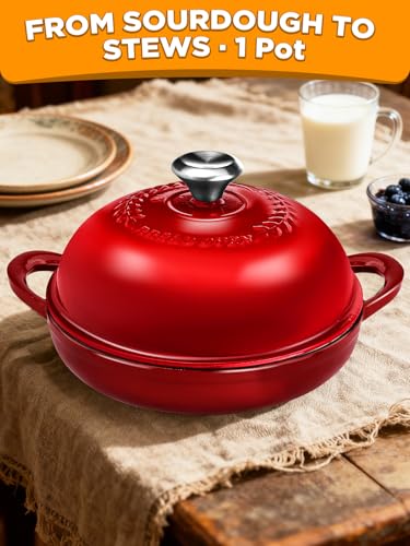 Image of Dutch Oven Bread Baking Pot with Lid 6QT Enameled Cast Iron Oven, Gradient Red Design & Complete Sourdough Kit (Banneton Basket, Dough Tools, Silicone Sling) for Artisan Bread Making