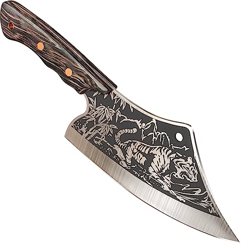 iPatio Japanisches Messer Küchenmesser Profi Messers, Original Japanisches Kochmesser im Damaststahl, Hackmesser Ausbeinmesser mit Lederscheide, Küchenmesser Outdoor Messer für Küchen Camping BBQ