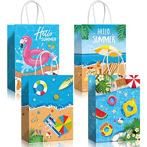 Pajean 16 Pcs Hello Summer Party Gift Bags Beach Pool Party Favor Supplies Candy Treat Paper Goodie Bags with Handles for Luau Tropical Hawaiian Wedding Birthday Decorations