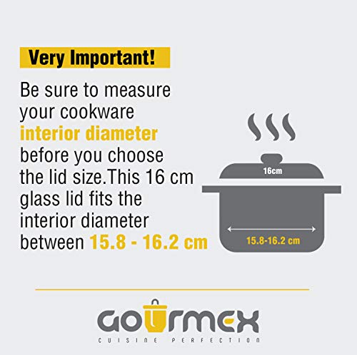GOURMEX Tempered Glass Cookware Lid with Stainless Steel Rim and Black Handle to Fit Pots, Frying Pans and Skillets, Equipped with Vent Hole, Dishwasher and Oven Safe, Heat Resistant (6.3 Inc 16 cm) - Thumbnail 7