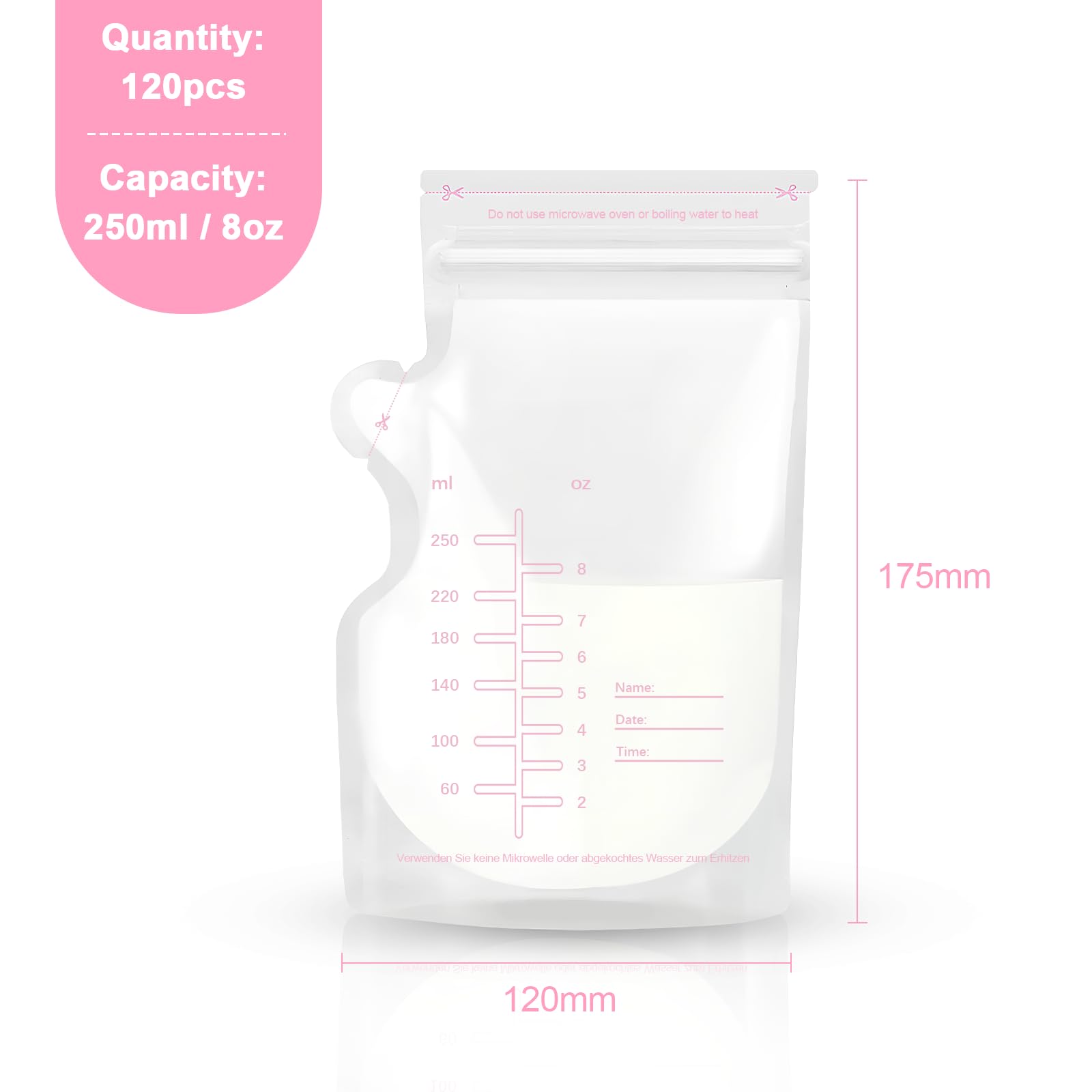 120 Stück Muttermilchbeutel, 250ml / 8oz Einweg-Milch Muttermilch Aufbewahrung BPA-freie Milchbeutel für Muttermilch mit Ausgießer für das Stillen Auslaufsicher Kann Eingefroren Werden