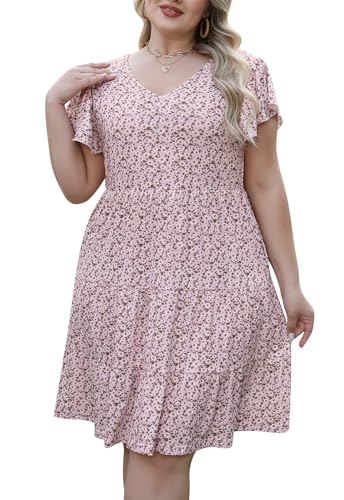 Image of Celkuser Womens Plus Size Summer Casual Midi Dress Short Ruffle Sleeve Tiered Empire Waist T-Shirt Dress with Pockets