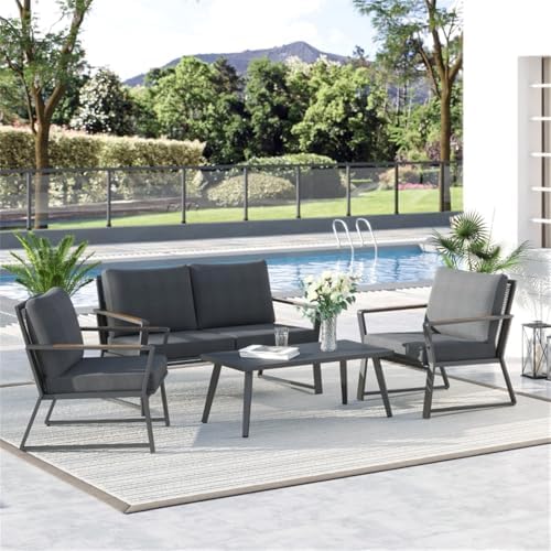 4-Piece Patio Furniture Set, Dark Grey Outdoor Sofa Set with Coff...