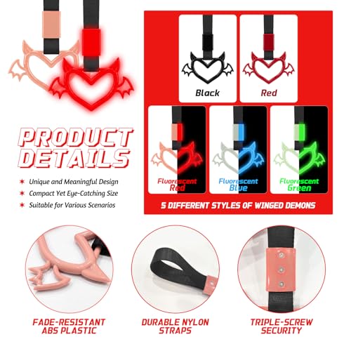 Image of 2 Pcs Devil Heart Shaped Car Handle Strap - JD M Drift Charm Rear Bumper Warning Ring Decor for Car Interior Exterior, Subway Bus Handle Accessory, Cute Heart Car Decor Gift (Luminous Red-Wing)