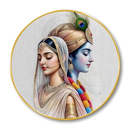 Image of SAF Radha Krishna Wall Painting - Round Golden Frame Divine Love Art | Spiritual Wall Decor for Living Room, Bedroom, Pooja Room & Office | Hindu Religious Home Decoration (20 X 20 Inch) GRL-288