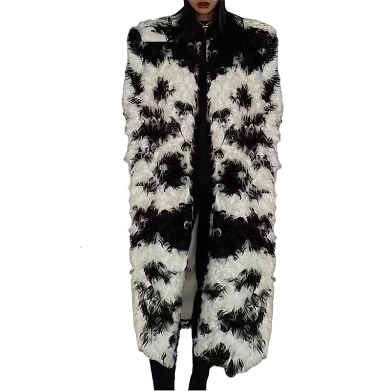 Shaggy Fluffy Faux Fur Coat black white Color Sweater, Long Sleeve long Jacket, Women's Fashion Puffy Overcoat Outwear