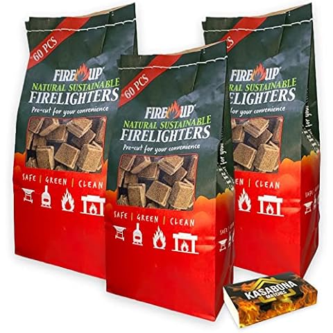 FIRE UP Natural Sustainable Firelighters - Perfect for lighting BBQs, fireplaces, and open fires - FSC Certified and Co2 Neutral NO palm oil - Includes KasaBona Matches (Pack of 180) Cover