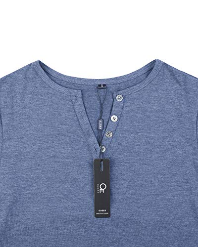 OUGES Womens Long Sleeve V-Neck Button Causal Tops Blouse T Shirt(Blue,L)