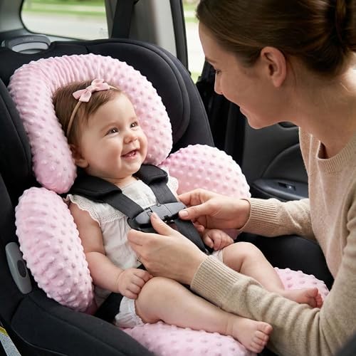 Image of Pro Goleem Infant Car Seat Head Neck Body Support, Ultra-Soft Minky and Microfiber Newborn Car Seat Insert, Perfect for Car Seat, Stroller, 2-in-1 Reversible, Girls, Pink