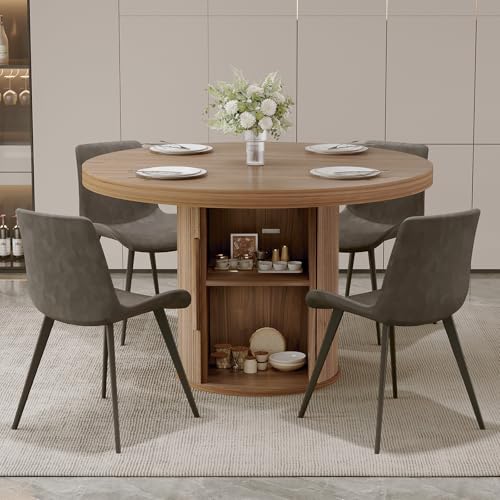 Image of HIPIHOM 5-Piece Dining Set for Small Spaces 43.3 inch Round Table & 4 PU Leather Chairs, Modern Farmhouse with Storage Shelf, Apartment Kitchen Easy Assembly (Walnut Color Round Table + 4 Gray Chairs)