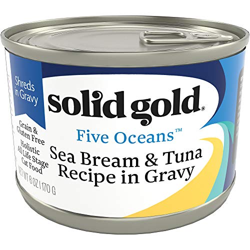 Image of Solid Gold Wet Cat Food Shreds in Gravy - Canned Cat Food Made w /Real Tuna & Sea Bream - Five Oceans Grain Free 16ct /6oz Can
