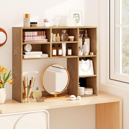 Image of Tangkula Desktop Bookshelf, 37 inch Countertop Storage Hutch with 7 Cubes & 3 Adjustable Shelves, 3-Tier Desk Display Rack Organizer, Multipurpose Wood Desktop Hutch for Dorm Home Office (Natural)