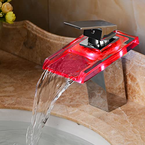 MINRS Robinet cascade LED, robinet de salle de bain, mitigeur chromé et brillant, éclairage à 3 couleurs changeantes