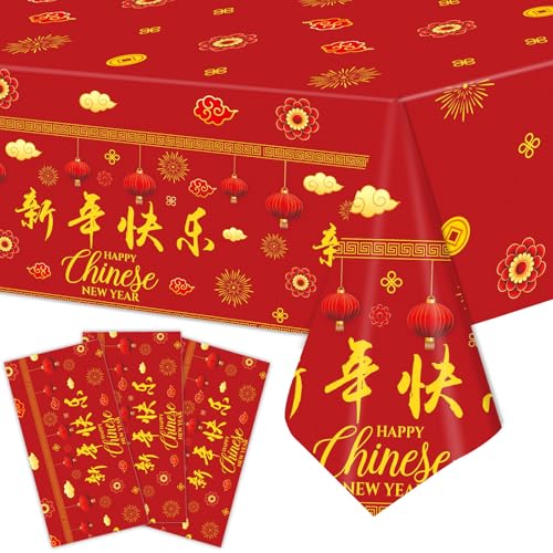 Kafolix 3 Pieces Chinese New Year Tablecloth - 54 x108 Inches Disposable Red Plastic Table Cover with Lanterns and Fireworks for Lunar New Year Party Supplies Spring Festival Table Cloth Decorations