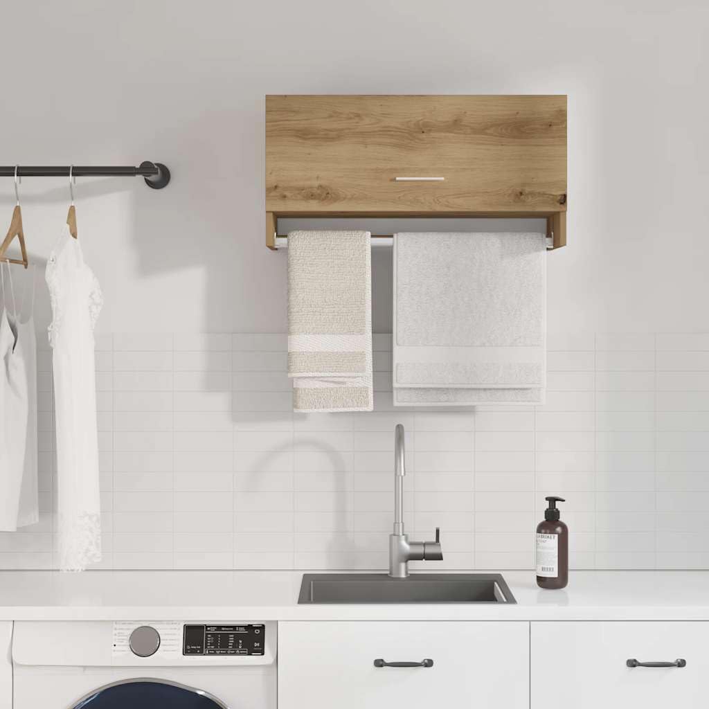 ACAGALA Hängeschrank-Bad, Klappbarer Badezimmer Wandschrank Teleskopöffnung, Badschrank 70 Breit mit Wäscheständer, Eiche handwerklich 70 x 32,5 x 35 cm