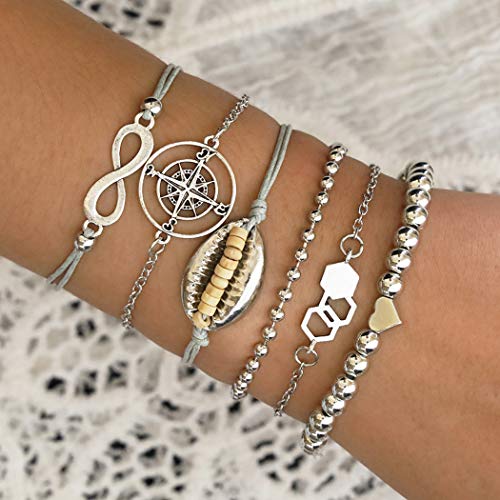Bniealsy Boho Stackable Bracelets Set Silver Layered heart Shell Open Cuff Bracelet Set for Women and Teen Girls
