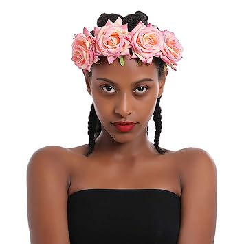 Fstrend Rose Flower Crown Wedding Bride Flower Wreath Headband Pink Hair Garland Bridal Wedding Headpiece for Women and Girls