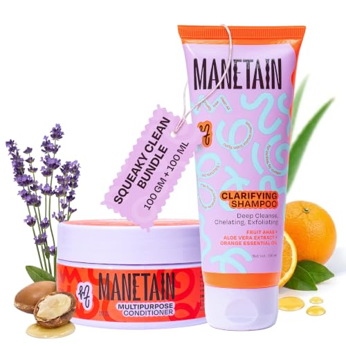 Image of MANETAIN Squeaky Clean Clarifying Shampoo 100ml & Multipurpose Conditioner 100gm | Curl Enhancing, Frizz Control, Protein-Moisture Balance | Hard Water, Product Buildup & Scalp Reset | For All Hair Types | For Men & Women